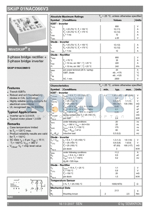 SKIIP01NAC066V3 datasheet - 3-phase bridge rectifier  3-phase bridge inverter