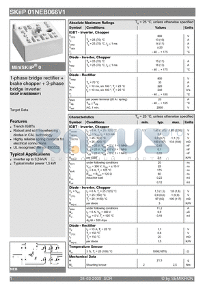 SKIIP01NEB066V1 datasheet - 1-phase bridge rectifier  brake chopper  3-phase bridge inverter