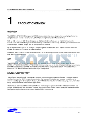 S3P7424 datasheet - The S3C7414/C7424/C7434 single-chip CMOS microcontroller has been designed for very high performance using Samsungs newest 4-bit CPU core, SAM47