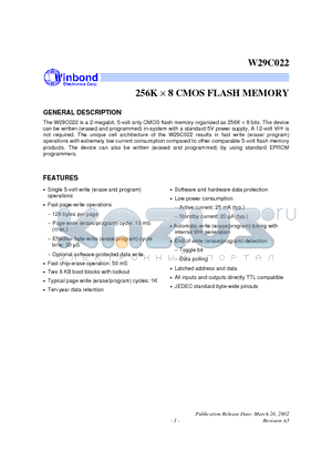 W29C022 datasheet - 256K x 8 CMOS FLASH MEMORY