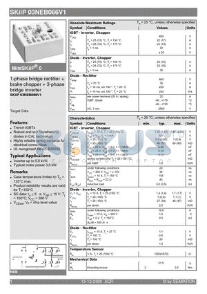 SKIIP03NEB066V1 datasheet - 1-phase bridge rectifier  brake chopper  3-phase bridge inverter