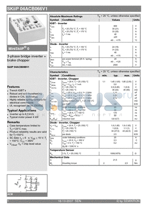 SKIIP04ACB066V1 datasheet - 3-phase bridge inverter  brake chopper