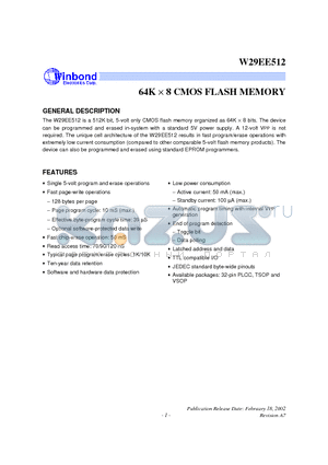 W29EE512P-12 datasheet - 64K X 8 CMOS FLASH MEMORY