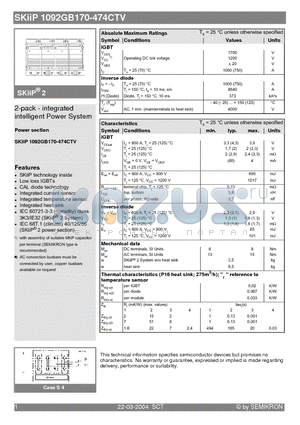 SKIIP1092GB170-474CTV datasheet - 2-pack - integrated intelligent Power System