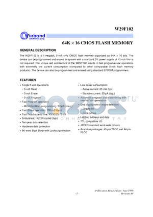 W29F102P-45 datasheet - 64K  16 CMOS FLASH MEMORY