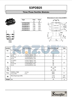 S3PDB25N16 datasheet - Three Phase Rectifier Modules