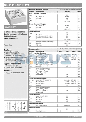 SKIIP11NAB12T4V1 datasheet - 3-phase bridge rectifier  brake chopper  3-phase bridge inverter