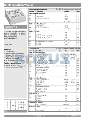 SKIIP12NAB066V1 datasheet - 3-phase bridge rectifier  brake chopper  3-phase bridge inverter