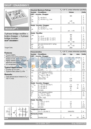 SKIIP12NAB066V1 datasheet - 3-phase bridge rectifier  brake chopper  3-phase bridge inverter