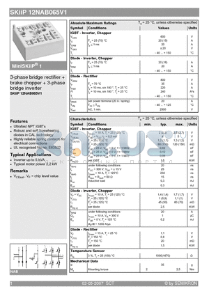 SKIIP12NAB065V1 datasheet - 3-phase bridge rectifier  brake chopper  3-phase bridge inverter