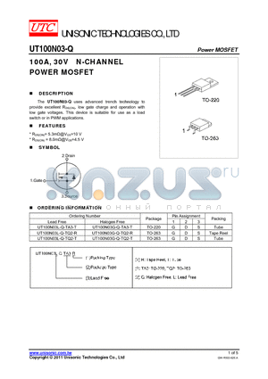UT100N03G-Q-TQ2-R datasheet - 100A, 30V N-CHANNEL POWER MOSFET