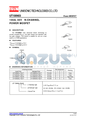 UT100N03G-TA3-T datasheet - 100A, 30V N-CHANNEL POWER MOSFET