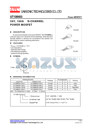 UT108N03 datasheet - 30V, 108A N-CHANNEL POWER MOSFET