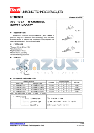 UT108N03G-TA3-T datasheet - 30V, 108A N-CHANNEL POWER MOSFET