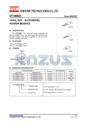 UT100N03L-TM3-T datasheet - 100A, 30V N-CHANNEL POWER MOSFET