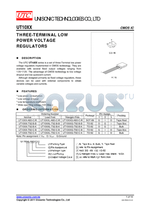 UT10XX-T92-B-K datasheet - THREE-TERMINAL LOW POWER VOLTAGE REGULATORS