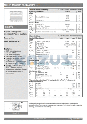 SKIIP192GD170-374CTV datasheet - 6-pack - integrated intelligent Power System