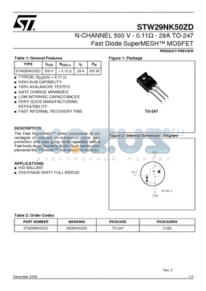 W29NK50ZD datasheet - N-CHANNEL 500 V - 0.11 - 29A TO-247 Fast Diode SuperMESH MOSFET