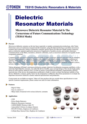 TE3610AS datasheet - TE01d Dielectric Resonators & Materials