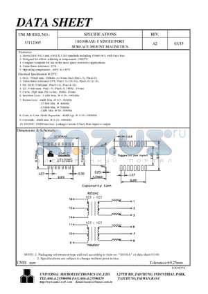 UT12005 datasheet - 10/100BASE-T SINGLE PORT SURFACE MOUNT MAGNETICS