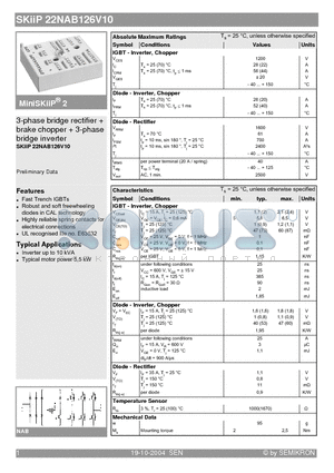 SKIIP22NAB126V10 datasheet - 3-phase bridge rectifier  brake chopper  3-phase bridge inverter