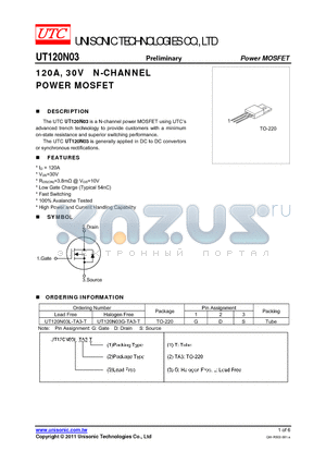 UT120N03 datasheet - 120A, 30V N-CHANNEL POWER MOSFET