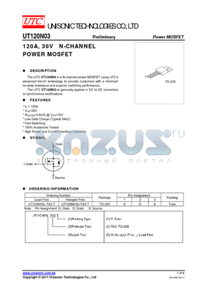 UT120N03G-TA3-T datasheet - 120A, 30V N-CHANNEL POWER MOSFET