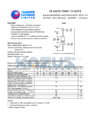 TE4001S datasheet - GLASS PASSIVATED JUNCTION PLASTIC RECTIFIER