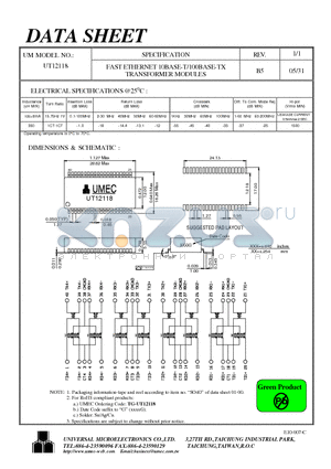 UT12118 datasheet - FAST ETHERNET 10BASE-T/100BASE-TX TRANSRORMER MODULE