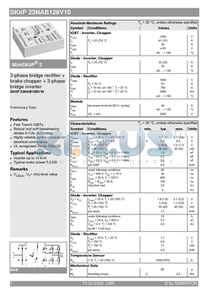 SKIIP23NAB126V10 datasheet - 3-phase bridge rectifier  brake chopper  3-phase bridge inverter