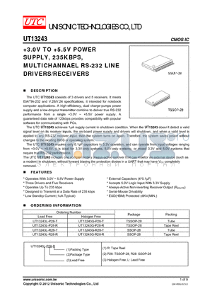 UT13243L-R28-T datasheet - 3.0V TO 5.5V POWER SUPPLY, 235KBPS, MULTICHANNAEL RS-232 LINE DRIVERS/RECEIVERS