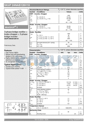 SKIIP24NAB126V10 datasheet - 3-phase bridge rectifier  brake chopper  3-phase bridge inverter