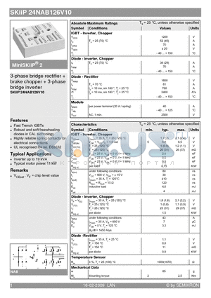 SKIIP24NAB126V10 datasheet - 3-phase bridge rectifier  brake chopper  3-phase bridge inverter