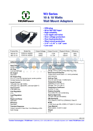 W3-05-10 datasheet - 10 & 18 Watts Wall Mount Adapters
