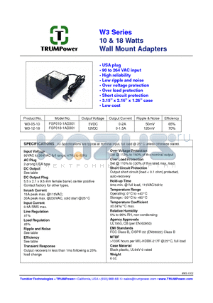 W3-12-18 datasheet - 10 & 18 Watts Wall Mount Adapters