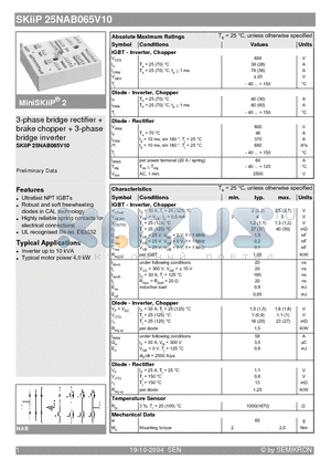 SKIIP25NAB065V10 datasheet - 3-phase bridge rectifier  brake chopper  3-phase bridge inverter