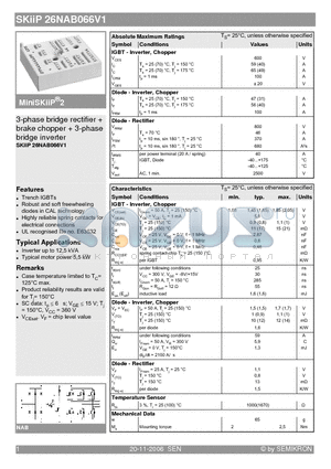 SKIIP26NAB066V1 datasheet - 3-phase bridge rectifier  brake chopper  3-phase bridge inverter