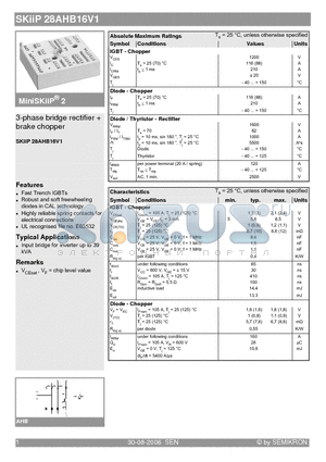 SKIIP28AHB16V1 datasheet - 3-phase bridge rectifier  brake chopper