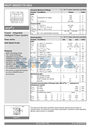 SKIIP292GD170-3DU datasheet - 6-pack - integrated intelligent Power System