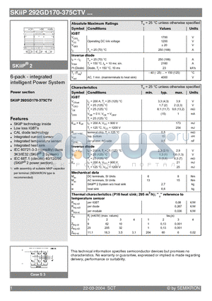 SKIIP292GD170-375CTV datasheet - 6-pack - integrated intelligent Power System