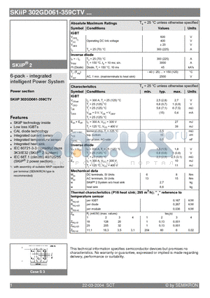 SKIIP302GD061-359CTV datasheet - 6-pack - integrated intelligent Power System