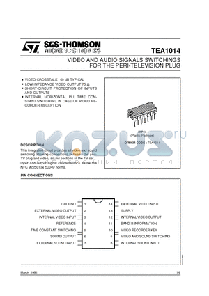 TEA1014 datasheet - VIDEO AND AUDIO SIGNALS SWITCHINGS FOR THE PERI-TELEVISION PLUG