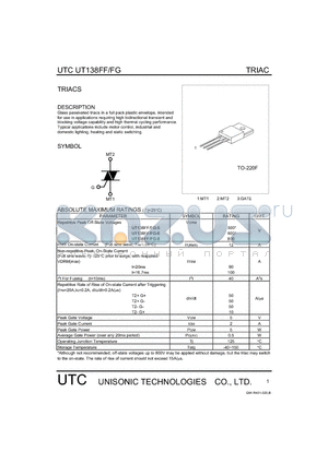 UT138FF/FG-8 datasheet - Glass passivated triacs in a full pack plastic envelope, intended for use in applications requiring high bidirectional transient and blocking voltage capability and high thermal cycling performance.