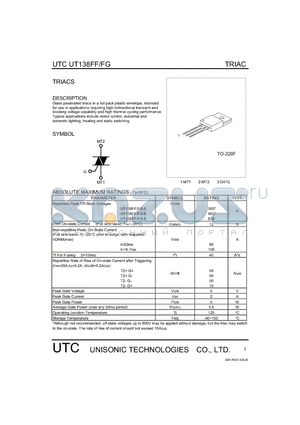 UT138FF datasheet - Glass passivated triacs in a full pack plastic envelope, intended for use in applications requiring high bidirectional transient and blocking voltage capability and high thermal cycling performance.