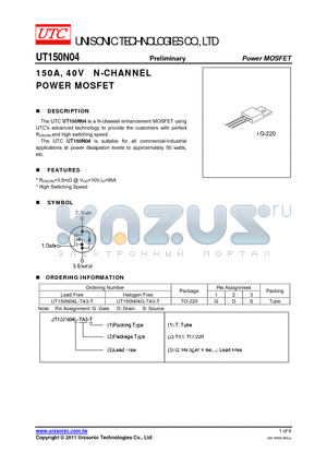 UT150N04 datasheet - 150A, 40V N-CHANNEL POWER MOSFET