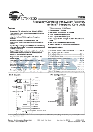 W305BH datasheet - Frequency Controller with System Recovery for Intel Integrated Core Logic