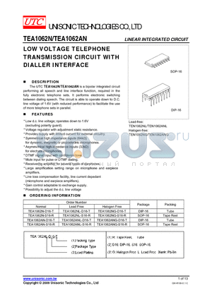 TEA1062ANG-D16-T datasheet - LOW VOLTAGE TELEPHONE TRANSMISSION CIRCUIT WITH DIALLER INTERFACE