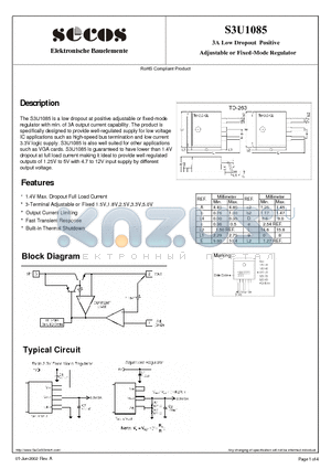 S3U1085 datasheet - 3A Low Dropout Positive Adjustable or Fixed-Mode Regulator