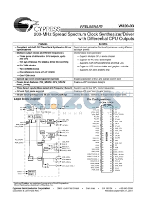 W320-03 datasheet - 200-MHz Spread Spectrum Clock Synthesizer/Driver with Differential CPU Outputs