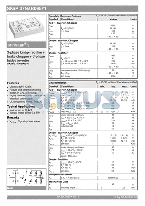 SKIIP37NAB065V1 datasheet - 3-phase bridge rectifier  brake chopper  3-phase bridge inverter
